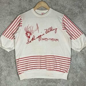 Vintage 80s Maggie Valley NC Elk Sweatshirt White Red Striped Textile Prints M